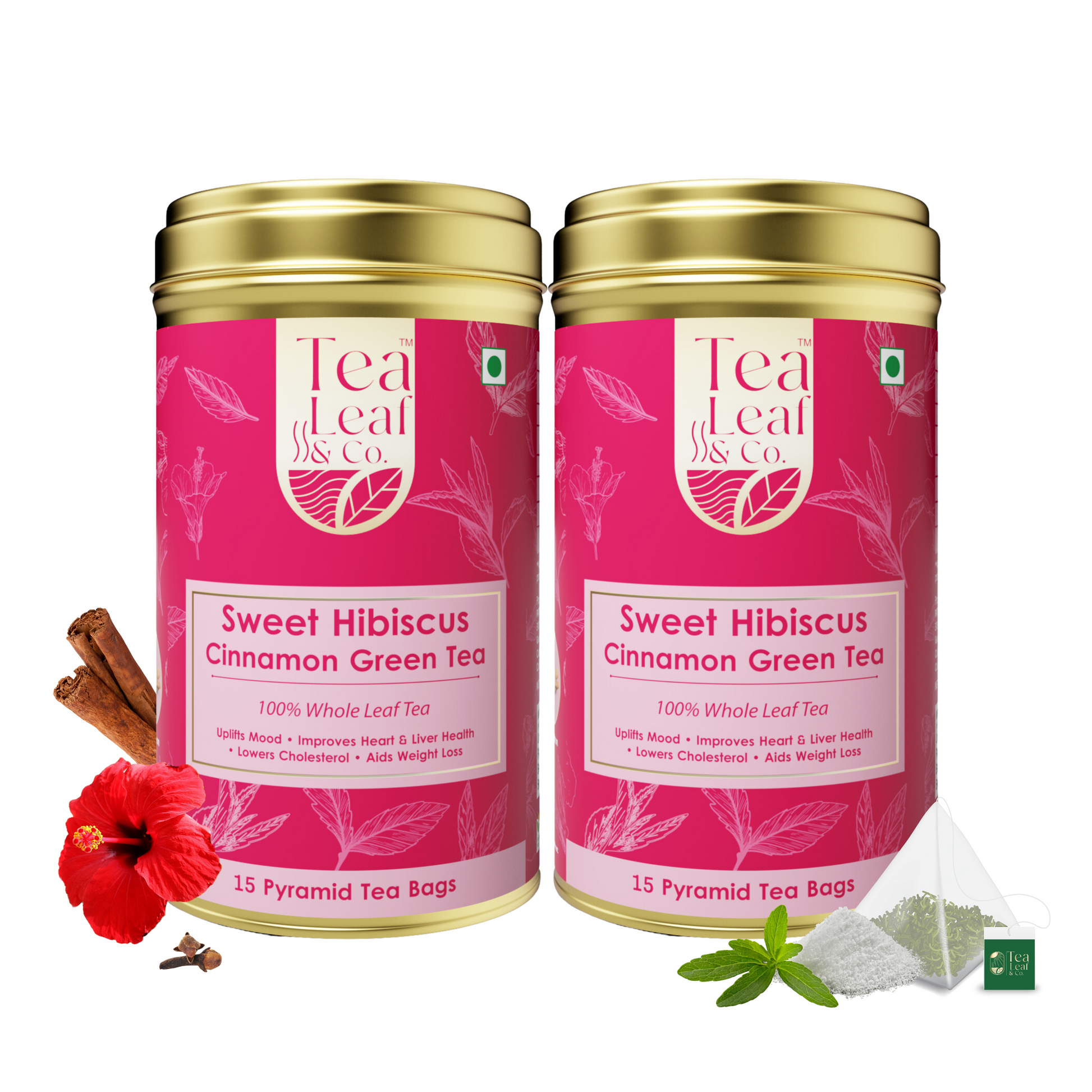Sweet Hibiscus Green Tea with Cinnamon - Heart Health & Cholesterol Support, 30 Pyramid Tea Bags (Pack of 2)