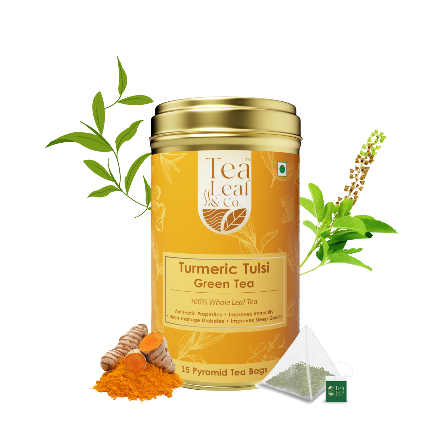 Turmeric Tulsi Green Tea - Immunity Boost & Diabetes Management, 15 Pyramid Tea Bags