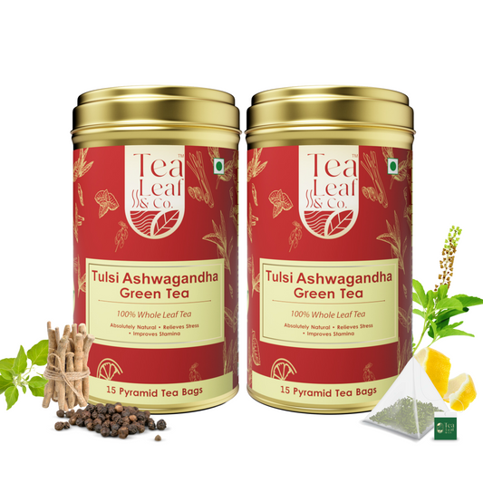 Tulsi Ashwagandha Green Tea - Stress Relief & Stamina Boost, Premium Holy Basil Blend, 30 Pyramid Tea Bags (Pack of 2)