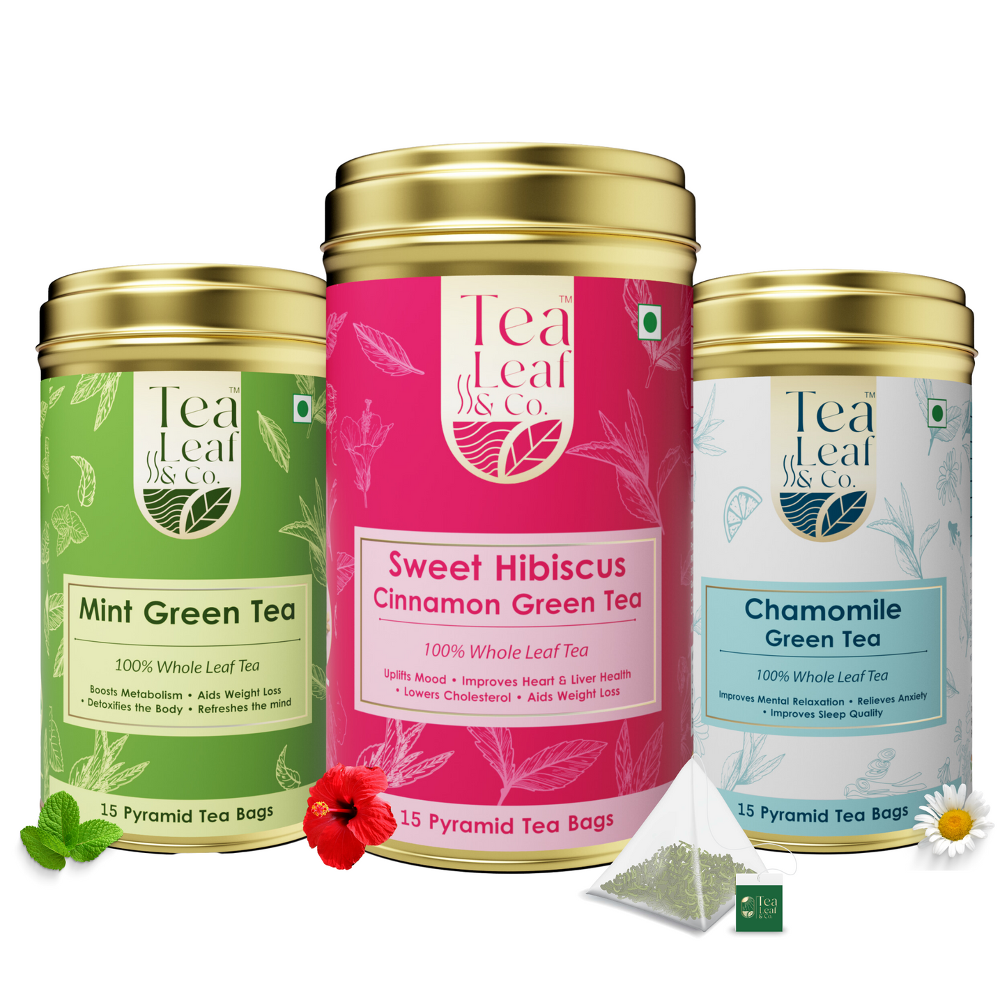 Mint Chamomile & Sweet Hibiscus Green Tea Combo - Relaxation & Sleep Quality, 15 Pyramid Tea Bags (Pack of 3)