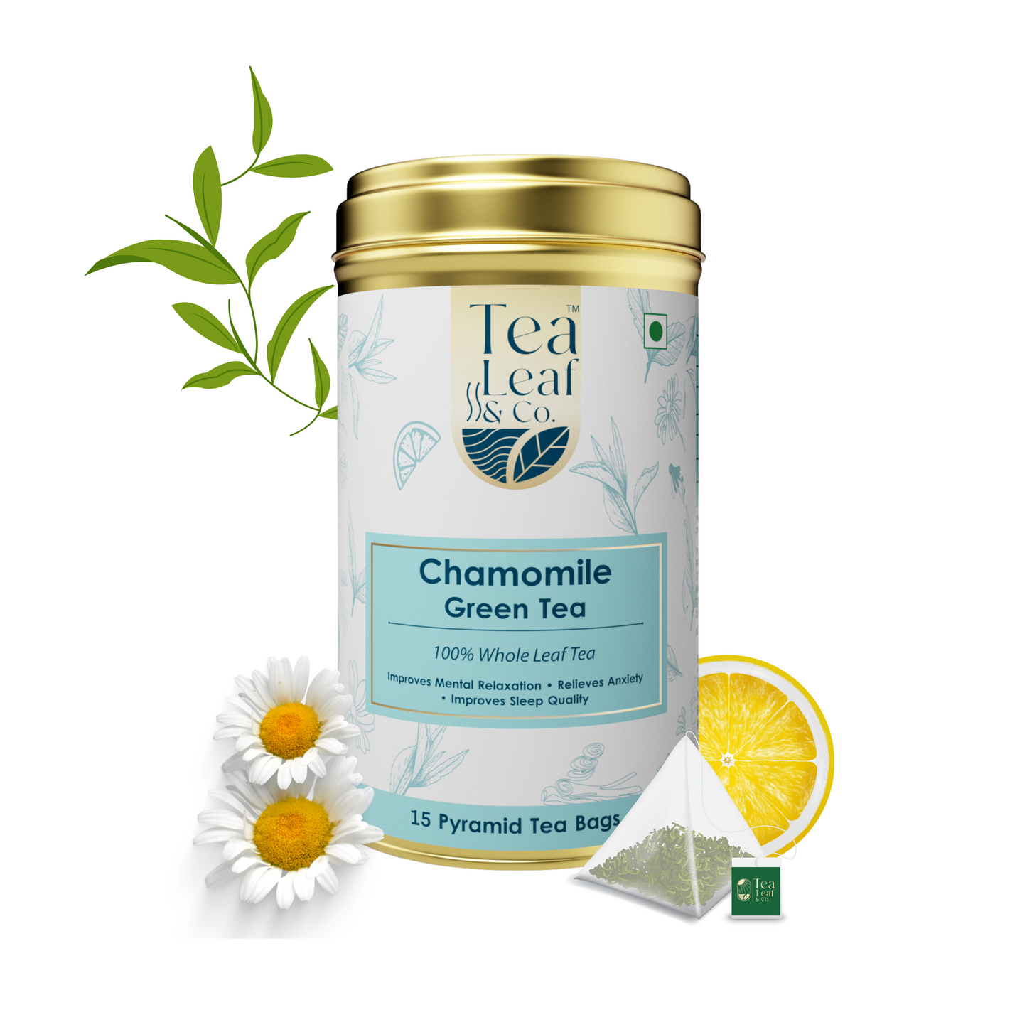 Chamomile Green Tea Natural Pyramid Tea Bags - Relaxation & Anxiety Relief, 15 Tea Bags