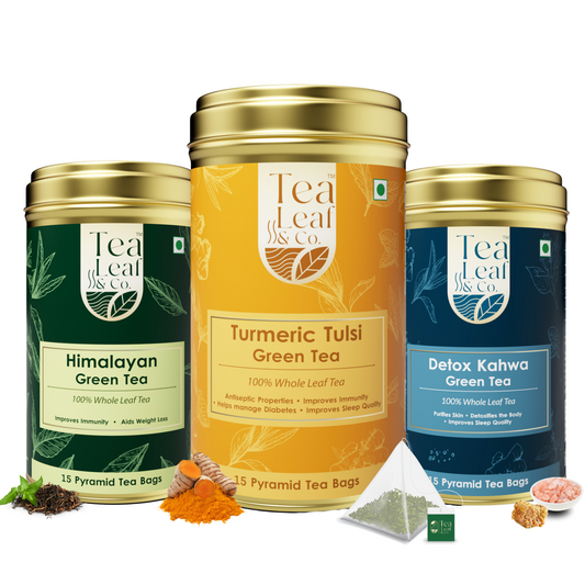 Himalayan Turmeric Tulsi & Detox Kahwa Green Tea Combo - Immunity Boost & Refreshing, 15 Pyramid Tea Bags (Pack of 3)