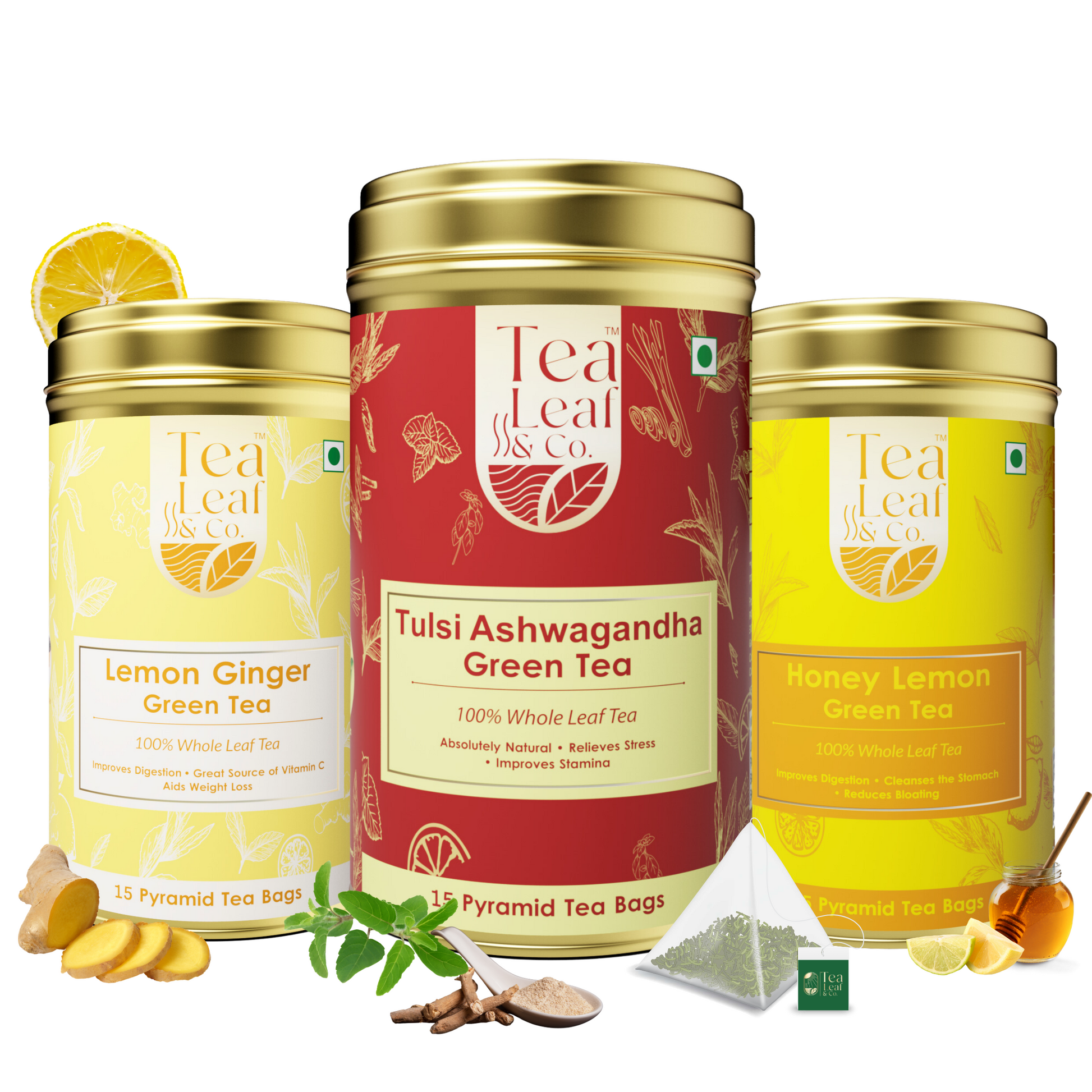 Tulsi Ashwagandha, Honey Lemon & Lemon Ginger Green Tea Combo - 45 Pyramid Tea Bags (Pack of 3)