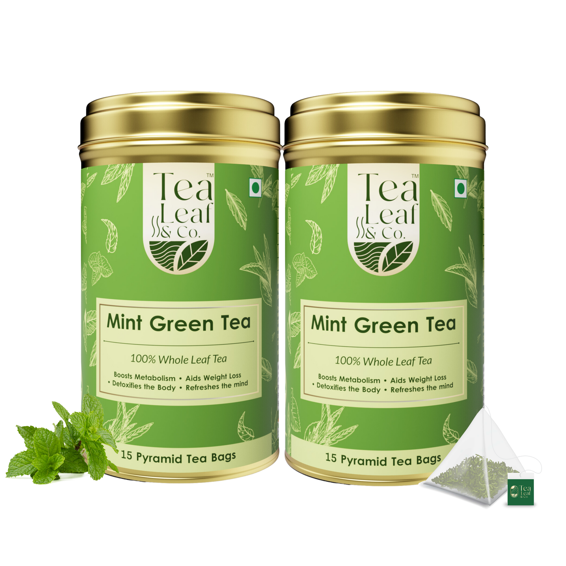 Mint Green Tea - Boosts Metabolism & Detox, 30 Pyramid Tea Bags (Pack of 2)