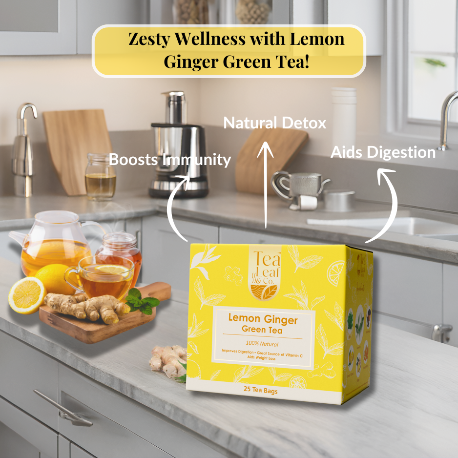 Lemon Ginger Green Tea Digestive Aid with Vitamin C Natural Flavor & Fresh Herbs 25 Tea Bags Pack of 2