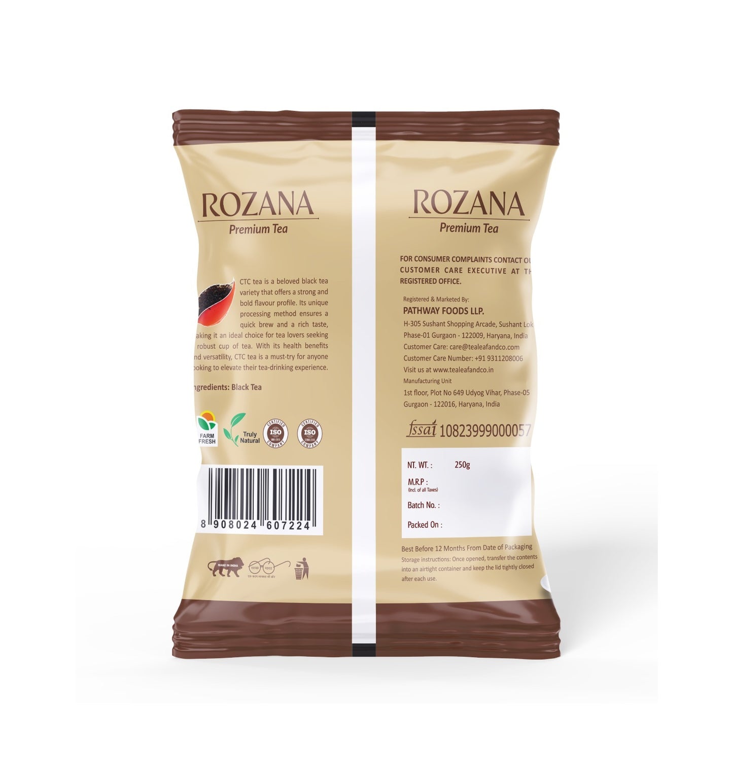 Tea Leaf & Co. Rozana Premium CTC Black Tea Strong & Bold Flavor Fresh Loose Leaf for a Robust Morning Energy Boost 250g Pack