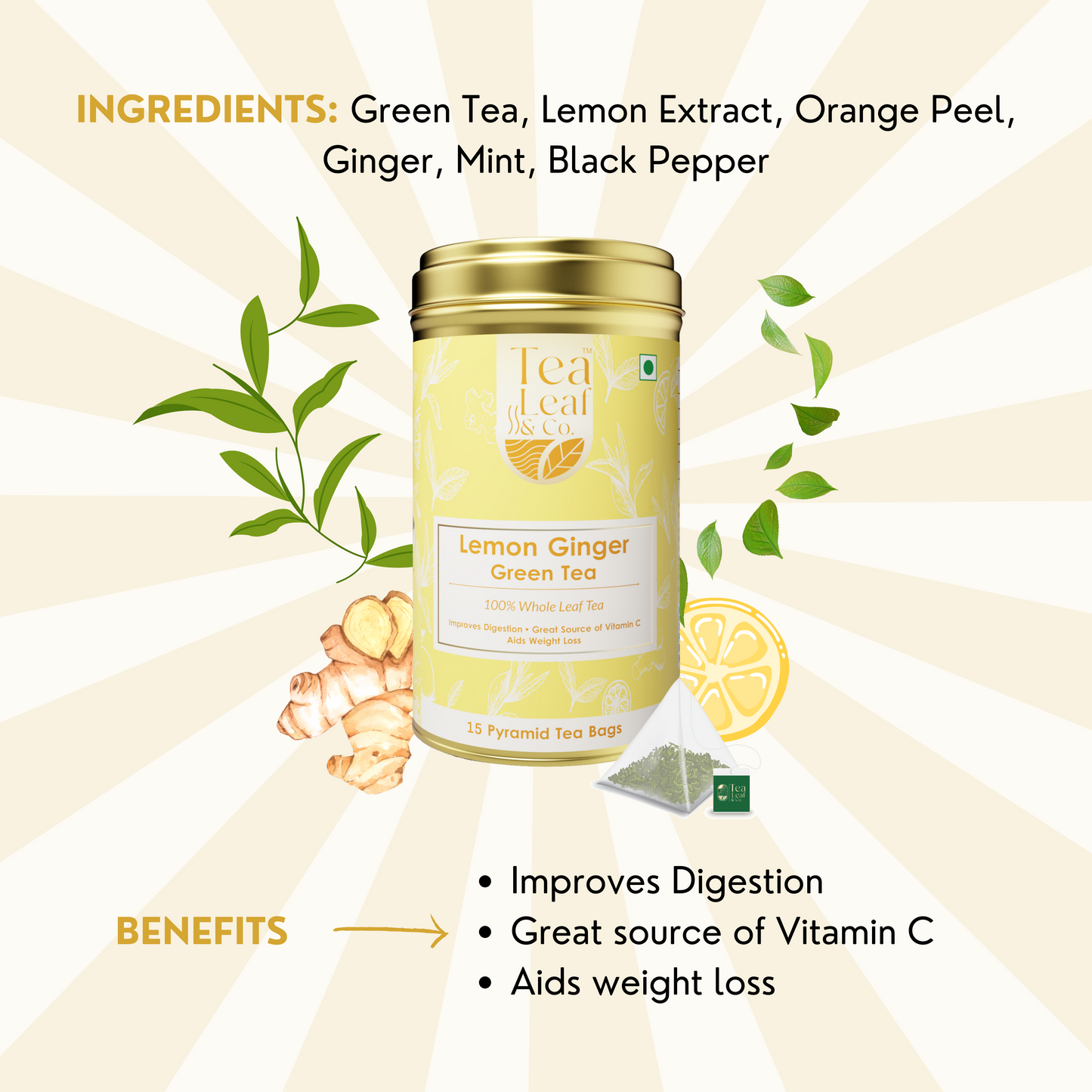 Lemon Ginger Green Tea - 15 Pyramid Tea Bags
