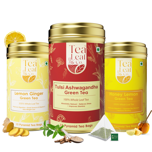 Tulsi Ashwagandha, Honey Lemon & Lemon Ginger Green Tea Combo - 45 Pyramid Tea Bags (Pack of 3)