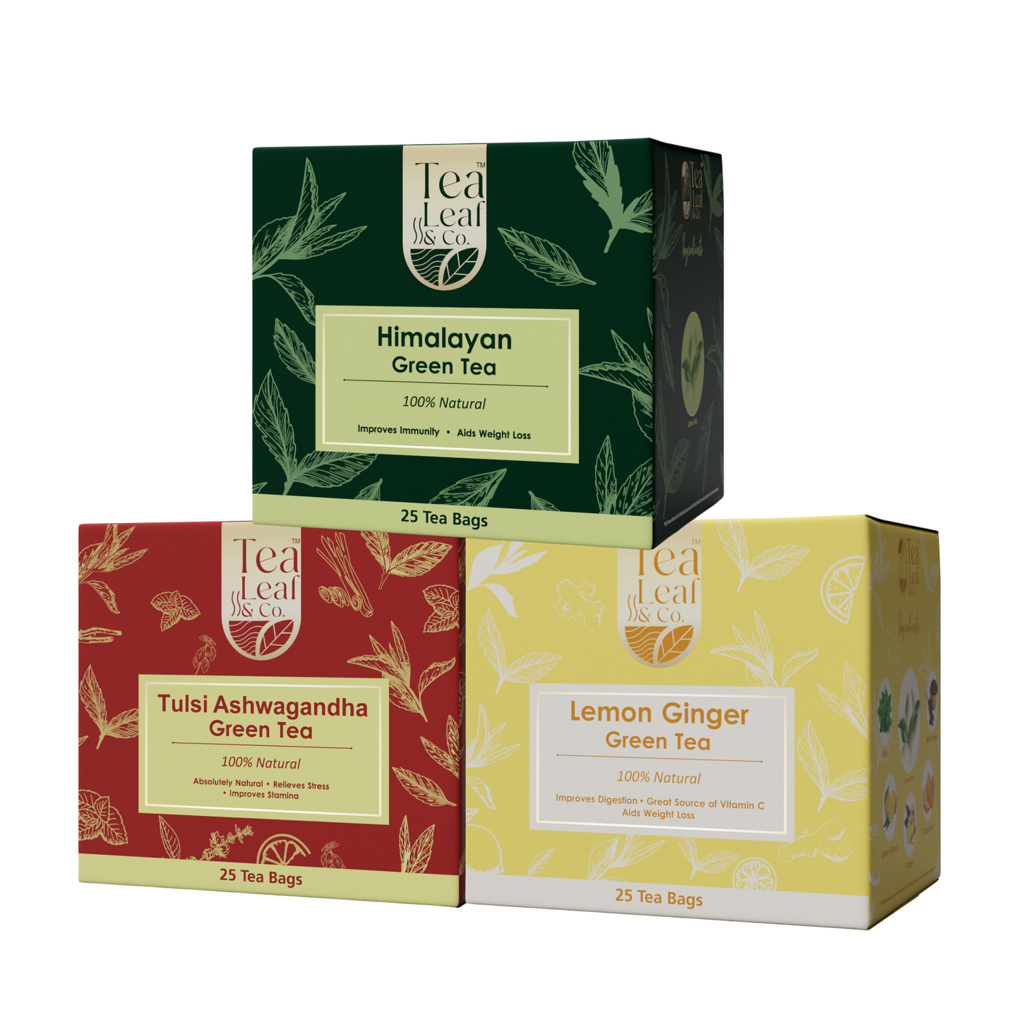 Tulsi Ashwagandha + Lemon Ginger + Himalayan Green Tea (Pack of 3) - 75 Tea Bags