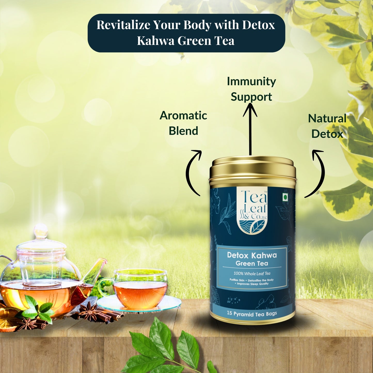 Detox Kahwa Green Tea Natural Fresh Flavour 15 Pyramid Green Tea Bags Pack of 1