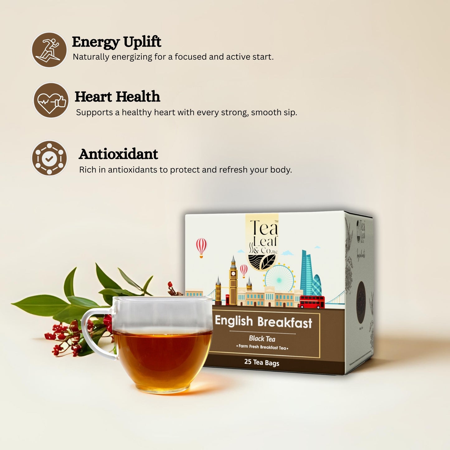 English Breakfast Black Tea High Energy & Sugar Levels Farm Fresh Flavour 25 Tea Bags Pack of 1