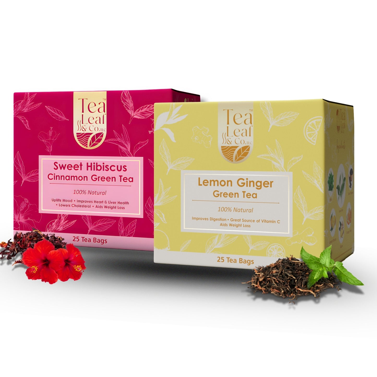 Sweet Hibiscus & Lemon Ginger Green Tea Fresh 50 Tea Bags Pack of 2