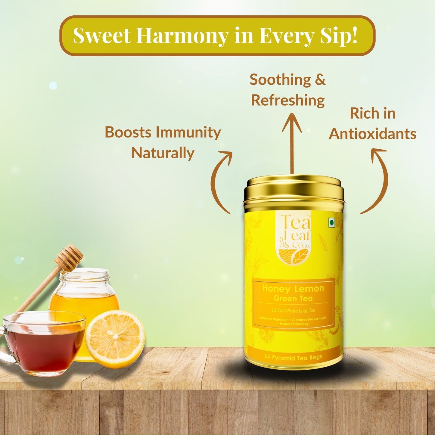 Honey Lemon Green Tea & Digestion Boost Natural Flavour Zero Calories 15 Pyramid Tea Bags Pack of 1