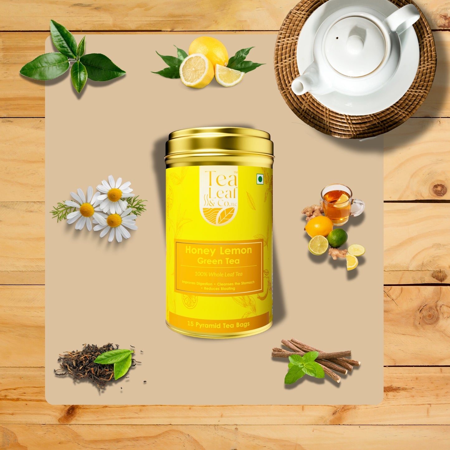 Honey Lemon Green Tea & Digestion Boost Natural Flavour Zero Calories 15 Pyramid Tea Bags Pack of 1