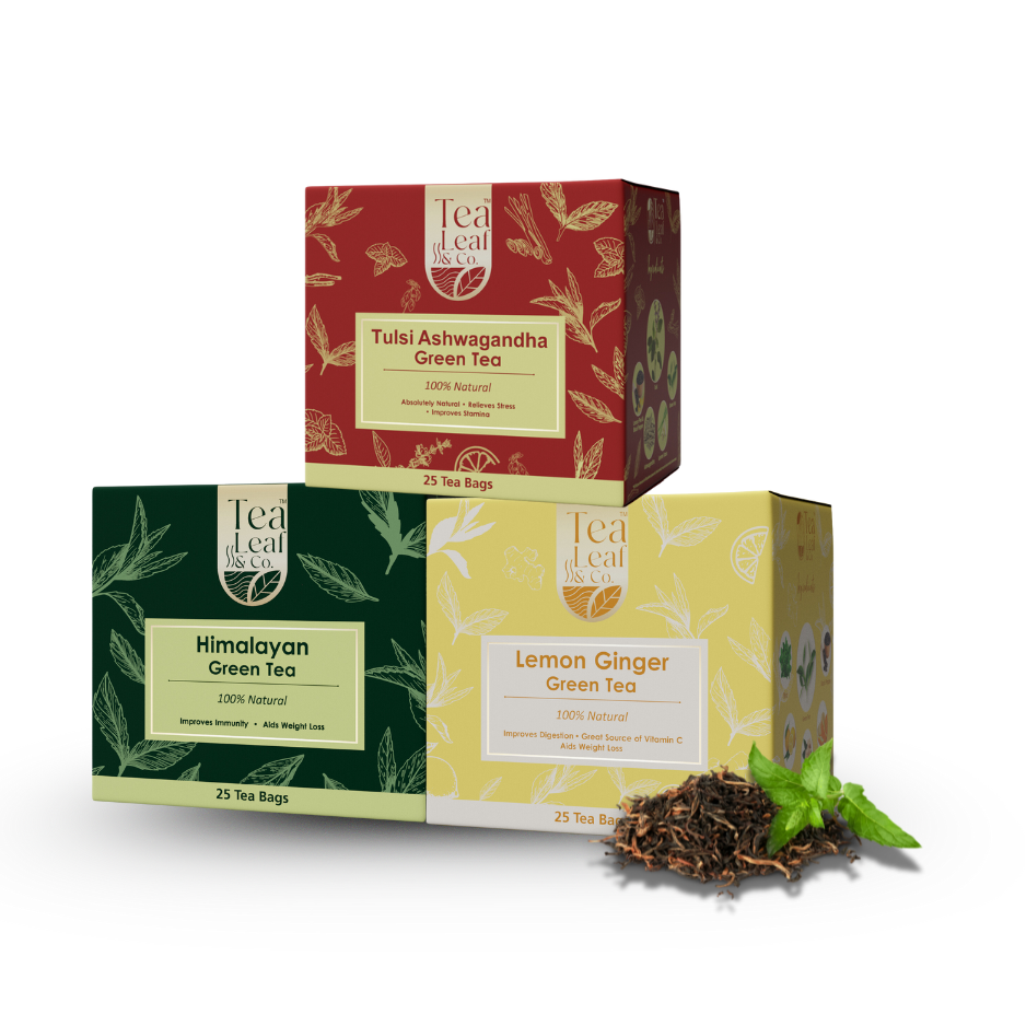 Tulsi Ashwagandha Lemon Ginger & Himalayan Green Tea Combo Digestion & Immunity 15 Pyramid Tea Bags Each Pack of 3