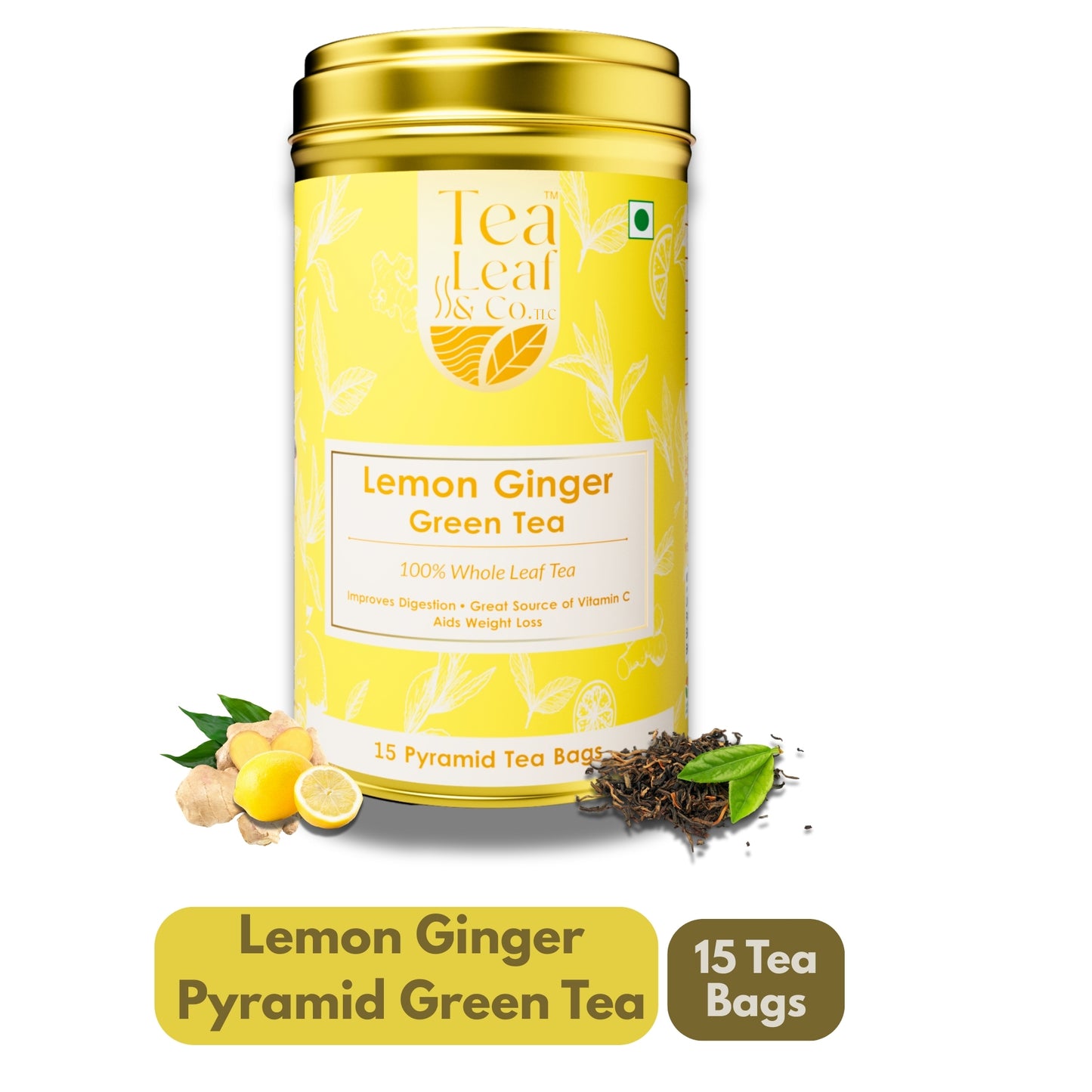 Lemon Ginger Green Tea & Vitamin C Rich Natural Tea 15 Pyramid Tea Bags Pack of 1