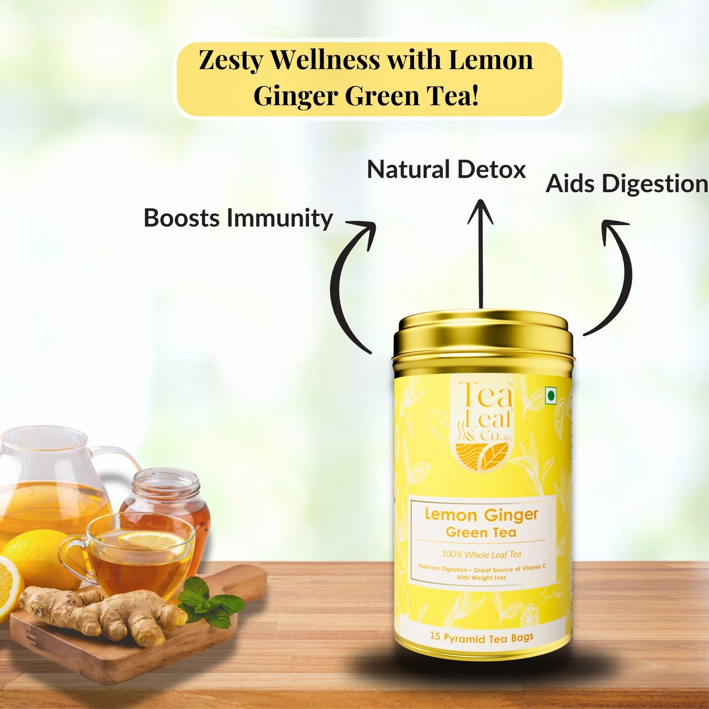Lemon Ginger Green Tea & Vitamin C Rich Natural Tea 15 Pyramid Tea Bags Pack of 1