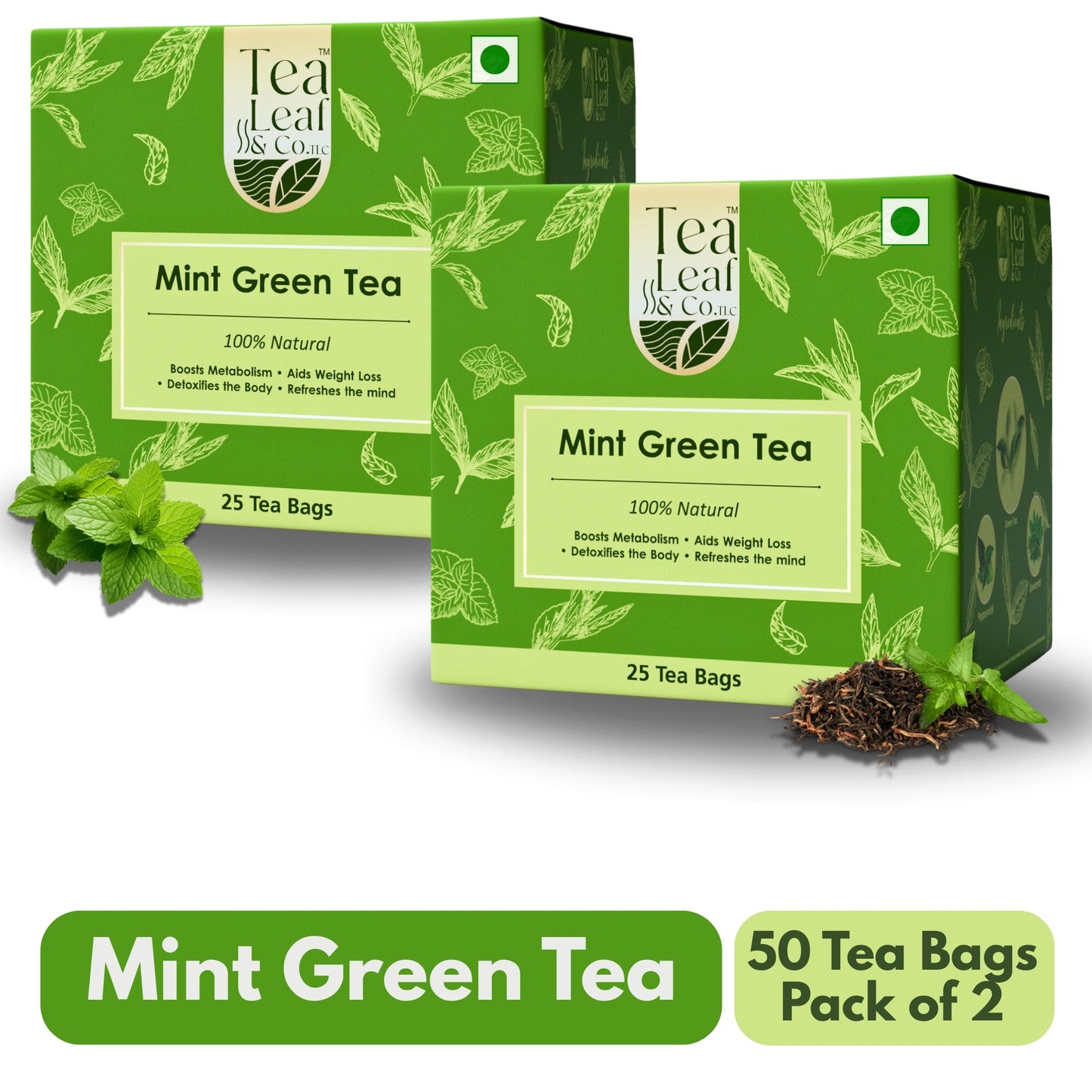 Mint Green Tea Refreshing Flavor Natural 50 Tea Bags Pack of 2