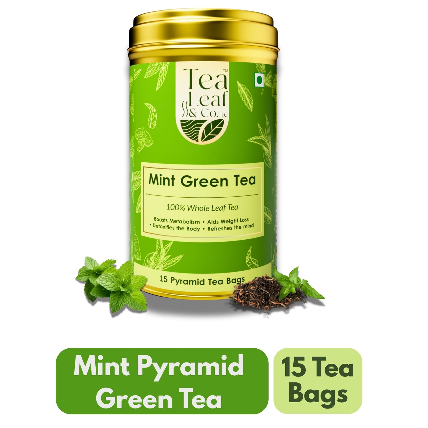 Mint Green Tea For Hot/Iced 15 Pyramid Tea Bags Pack of 1