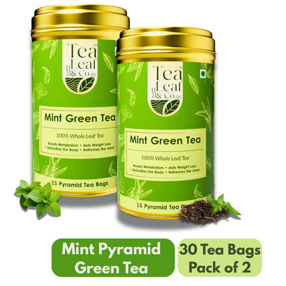 Mint Green Tea & Detox Herbal Tea for Hot/Iced 30 Pyramid Tea Bags Pack of 2