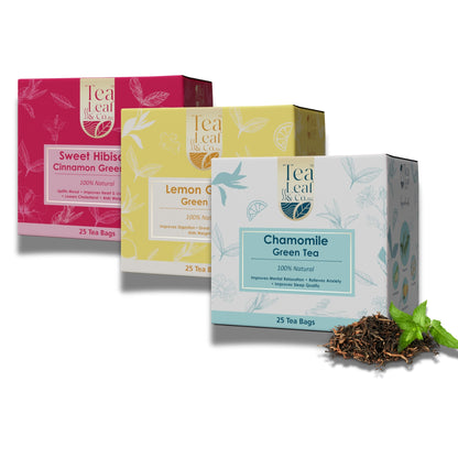 Sweet Hibiscus, Lemon Ginger & Chamomile Green Tea Combo Fresh 75 Tea Bags Pack of 3