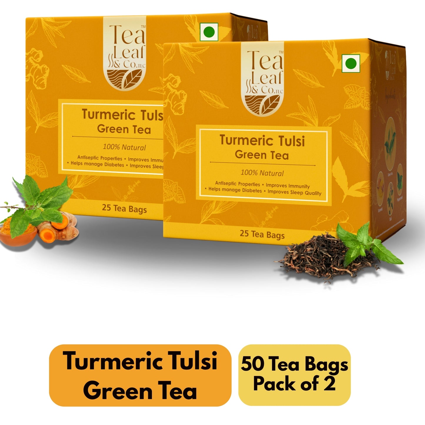Turmeric Tulsi Green Tea Hot/Iced 50 Tea Bags Pack of 2