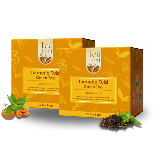 Turmeric Tulsi Green Tea Blend of Pure Green Tea & Fresh Tulsi Herbal Tea for Hot/Iced 25 Tea Bags Pack of 2