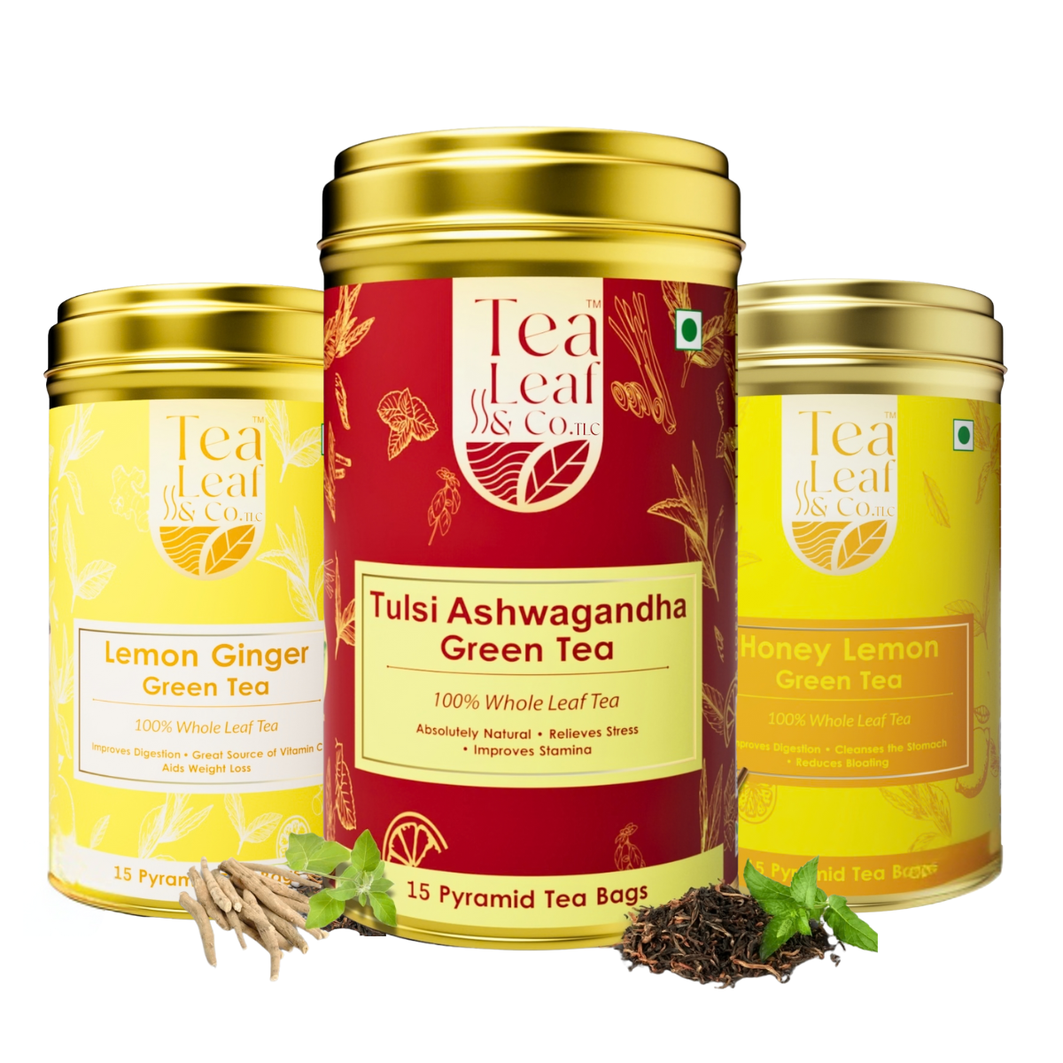 Tulsi, Ashwagandha, Honey Lemon & Lemon Ginger Pyramid Green Tea Combo 45 Pyramid Tea Bags Pack of 3