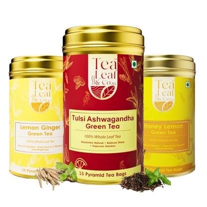 Tulsi, Ashwagandha, Honey Lemon & Lemon Ginger Pyramid Green Tea Combo 45 Pyramid Tea Bags Pack of 3