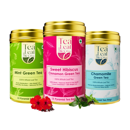 Mint Chamomile & Sweet Hibiscus Pyramid Green Tea Combo Relaxation & Sleep Quality 15 Pyramid Tea Bags Each Pack of 3