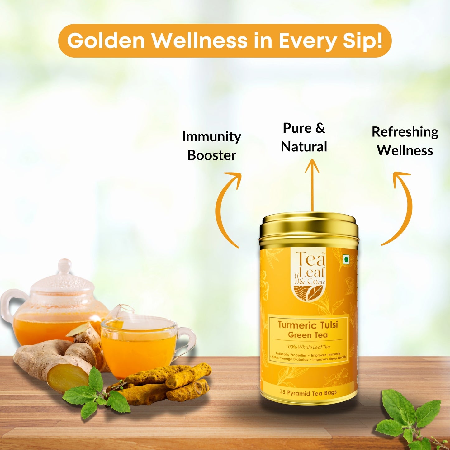 Turmeric Tulsi Green Tea Natural 15 Pyramid Green Tea Bags Pack of 1